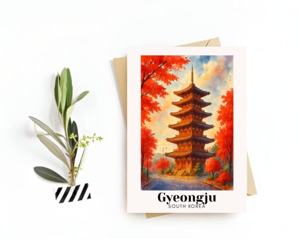 Gyeongju, South Korea Travel Postcard – Greeting Card – Bulguksa Temple & Cheomseongdae Observatory Illustration, Souvenir or Gift for Travelers