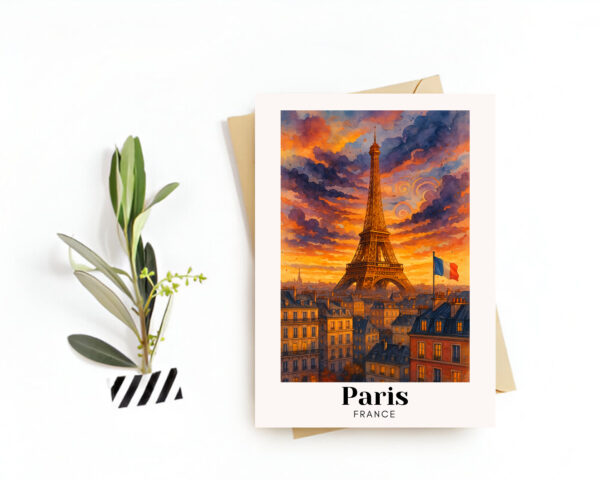 Paris, France Travel Postcard – Greeting Card – Eiffel Tower & Montmartre Illustration, Souvenir or Gift for Travelers