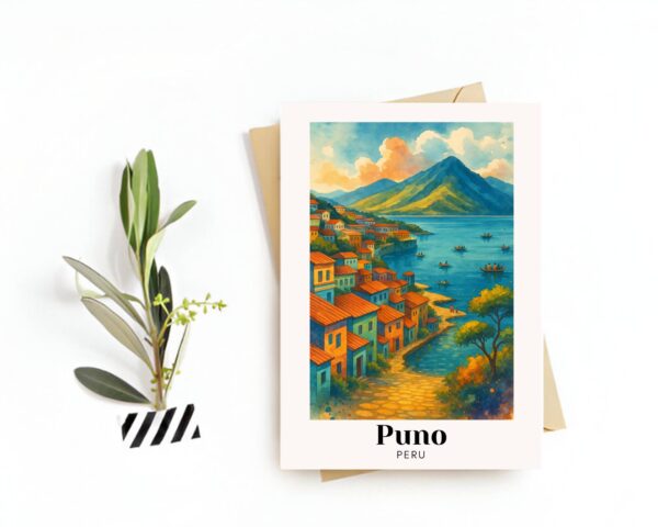 Puno, Peru Travel Postcard – Greeting Card – Lake Titicaca & Floating Uros Islands Illustration, Souvenir or Gift for Travelers