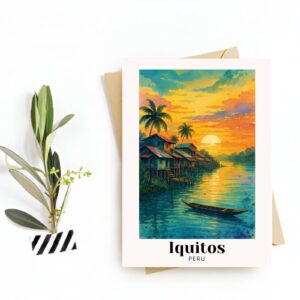 Iquitos, Peru Travel Postcard – Greeting Card – Amazon Rainforest & Riverfront Illustration, Souvenir or Gift for Travelers