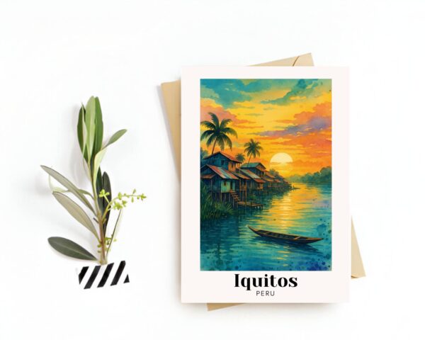 Iquitos, Peru Travel Postcard – Greeting Card – Amazon Rainforest & Riverfront Illustration, Souvenir or Gift for Travelers