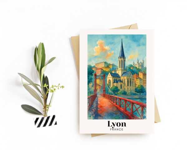 Lyon, France Travel Postcard – Greeting Card – Basilica of Fourvière & Old Town Illustration, Souvenir or Gift for Travelers