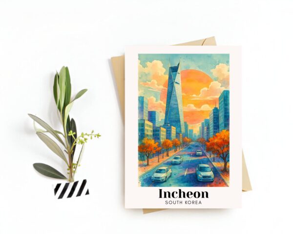 Incheon, South Korea Travel Postcard – Greeting Card – Chinatown & Incheon Bridge Illustration, Souvenir or Gift for Travelers