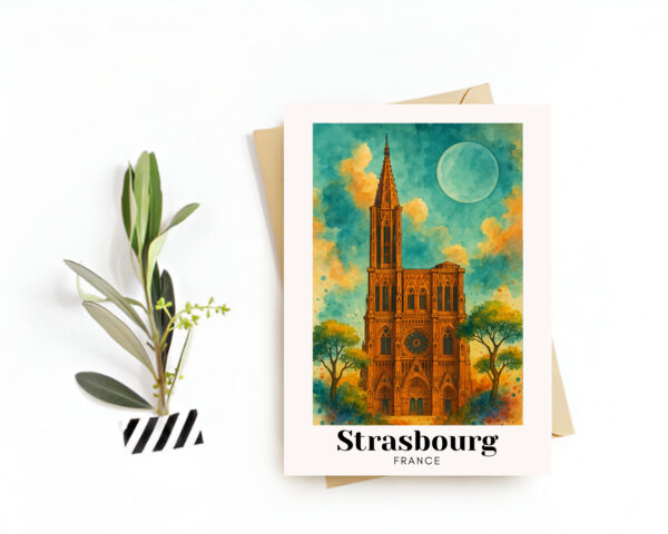 Strasbourg, France Travel Postcard – Greeting Card – Strasbourg Cathedral & Petite France Illustration, Souvenir or Gift for Travelers