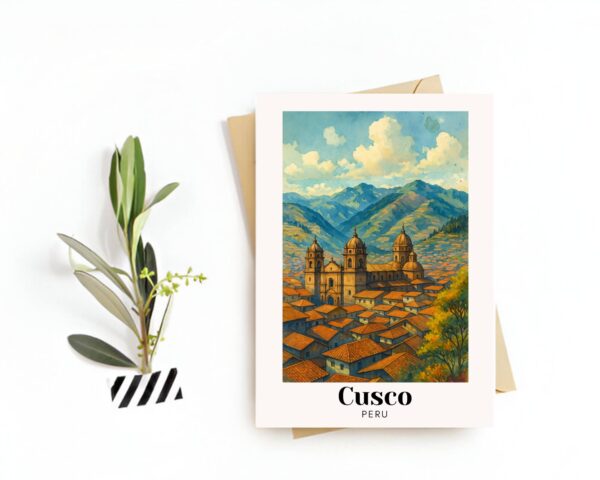 Cusco, Peru Travel Postcard – Greeting Card – Machu Picchu & Andean Architecture Illustration, Souvenir or Gift for Travelers