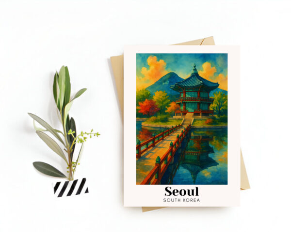 Seoul, South Korea Travel Postcard – Greeting Card – Gyeongbokgung Palace & Namsan Tower Illustration, Souvenir or Gift for Travelers