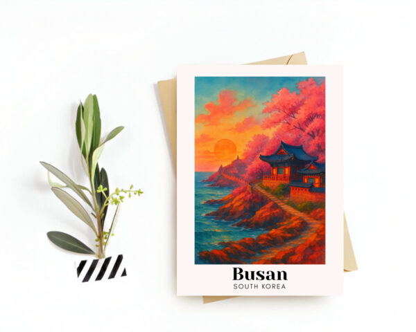 Busan, South Korea Travel Postcard – Greeting Card – Gamcheon Culture Village & Haeundae Beach Illustration, Souvenir or Gift for Travelers