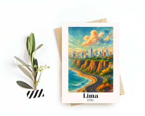 Lima, Peru Travel Postcard – Greeting Card – Historic Center & Coastal Cliffs Illustration, Souvenir or Gift for Travelers