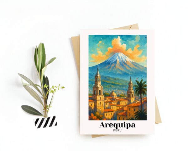 Arequipa, Peru Travel Postcard – Greeting Card – White City & Misti Volcano Illustration, Souvenir or Gift for Travelers