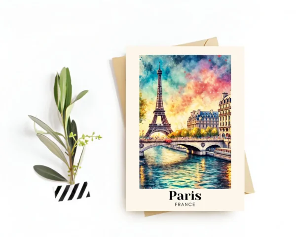 Paris, France Travel Postcard – Greeting Card – Eiffel Tower & Montmartre Illustration, Digital Download – Souvenir or Gift for Travelers
