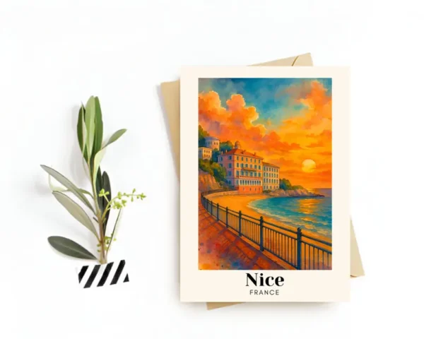 Nice, France Travel Postcard –Greeting Card –Promenade des Anglais & Old Town Illustration, Digital Download –Souvenir or Gift for Travelers