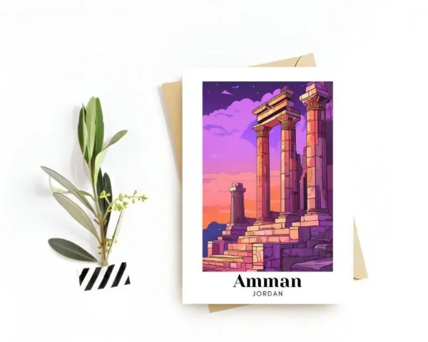Amman, Jordan Travel Postcard - Greeting Card - Iconic Landmarks Illustration - Perfect Souvenir or Gift for Travel