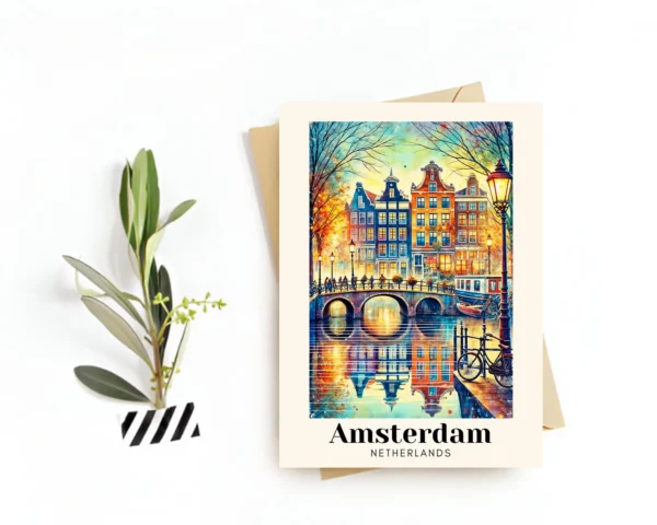 Amsterdam, Netherlands Travel Postcard – Greeting Card – Iconic Landmarks Illustration, Souvenir or Gift for Travelers