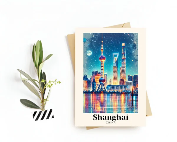 Shanghai, China Travel Postcard – Greeting Card – Iconic Landmarks Illustration, Perfect Souvenir or Gift for Travelers
