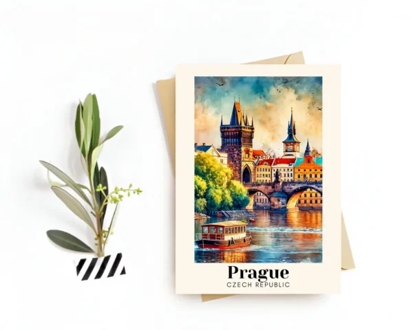 Prague, Czech Republic Travel Postcard – Greeting Card –Charles Bridge Illustration, Digital Download–Perfect Souvenir or Gift for Travelers
