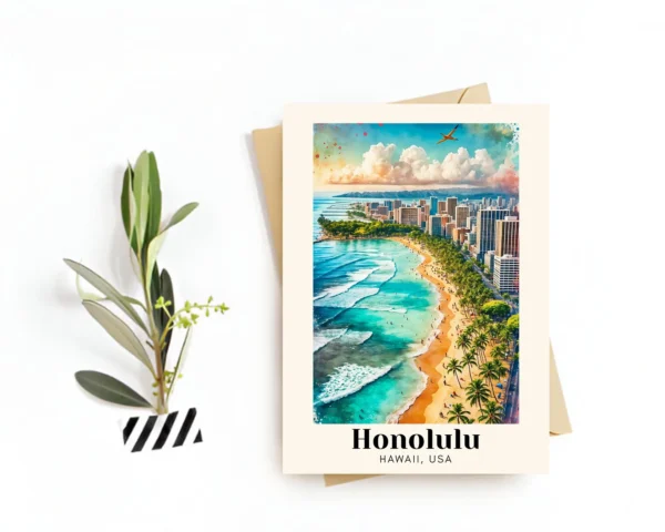 Honolulu, Hawaii, USA Travel Card, HD Wall Art – Waikiki Beach Print, Digital Download – The Perfect Travel Souvenir or Gift for Travelers