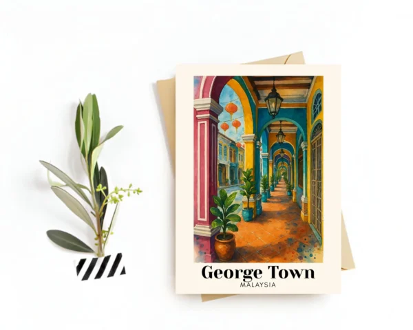 George Town, Malaysia Travel Postcard–Greeting Card–Street Art & Heritage Building, Digital Download-Perfect Souvenir or Gift for Travelers