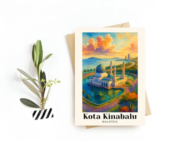 Kota Kinabalu, Malaysia Travel Postcard–Greeting Card–Coastal Scenery & Cultural Landmarks, Digital Download–Souvenir or Gift for Travelers