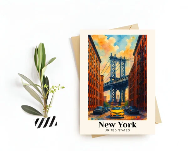 New York City Travel Postcard – Greeting Card – Iconic Landmarks Illustration, Digital Download – Perfect Souvenir or Gift for Travelers