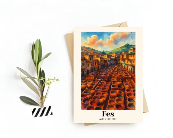 Fes, Morocco Travel Postcard – Greeting Card – Medina & Heritage Buildings Illustration, Digital Download – Souvenir or Gift for Travelers