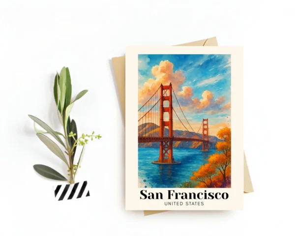 San Francisco Travel Postcard – Greeting Card –Golden Gate Bridge & Cityscape Illustration, Digital Download –Souvenir or Gift for Travelers