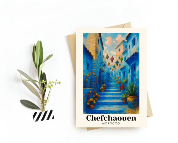 Chefchaouen, Morocco Travel Postcard – Greeting Card–Blue City Streets Illustration, Digital Download–Perfect Souvenir or Gift for Travelers