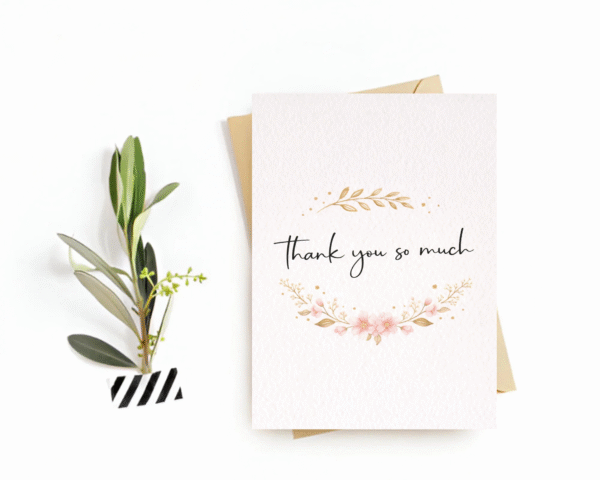 Thank You Card - "Thank You so much" Postcard with wheat stalk & flowers